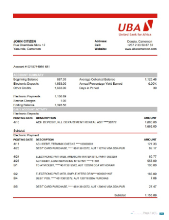 Download Cameroon UBA bank statement excel Photoshop template